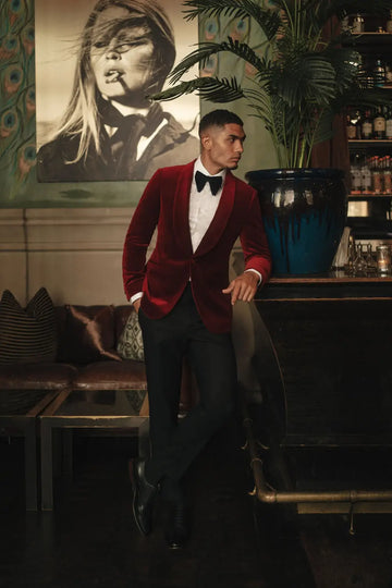 Men's Dark Red Velvet Wedding Tuxedo