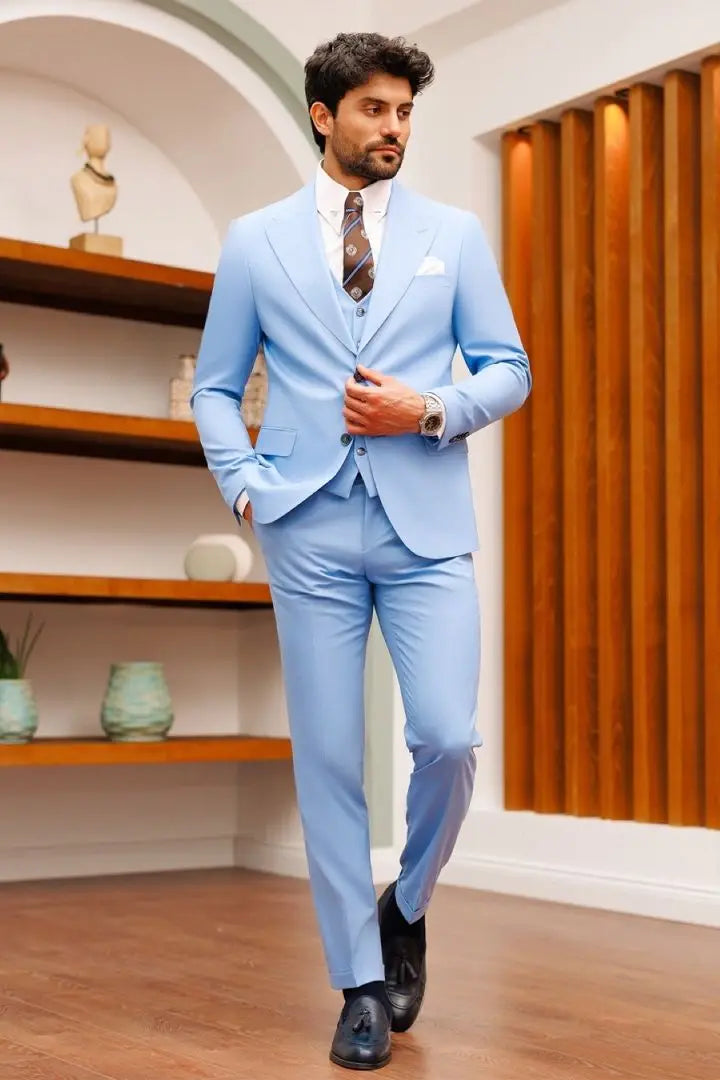 Sky-Blue Slim-Fit Suit 3-Piece - VIOSSI | Blue suit, Sky blue suit, Light  blue suit