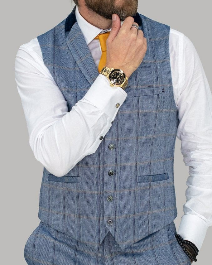 Cavani Connall Blue Tweed Check Style Waistcoat - 36 - WAISTCOATS