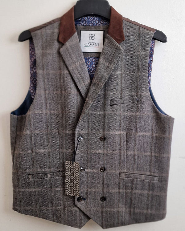 Cavani Connall Brown Tweed Check Double Breasted Waistcoat - 36R - WAISTCOATS