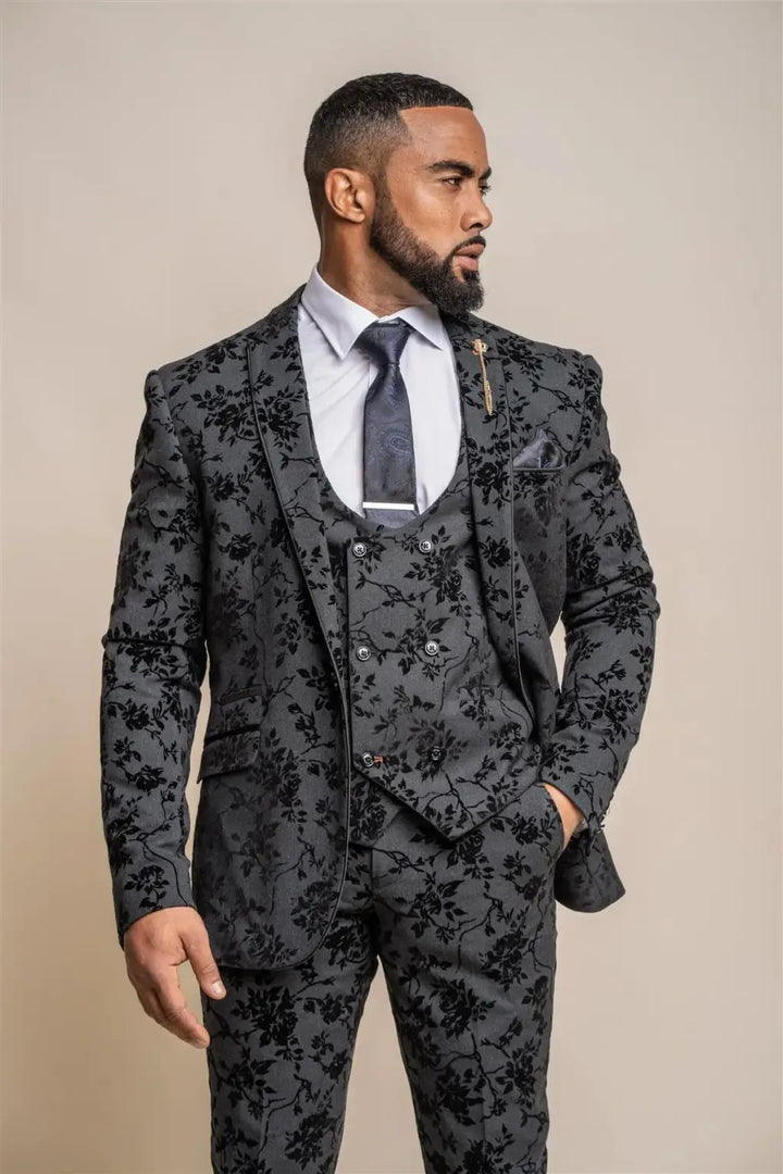 Cavani Georgi Floral Three Piece Black Red Carpet Suit - Suit & Tailoring