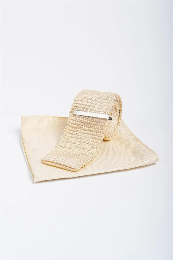 Cavani Men’s Knitted Tie And Hank Set - Sand - Accessories