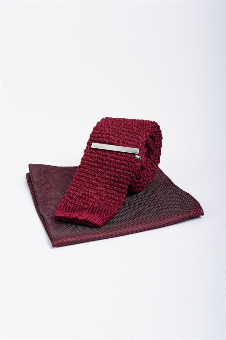 Cavani Men’s Knitted Tie And Hank Set - Wine - Accessories