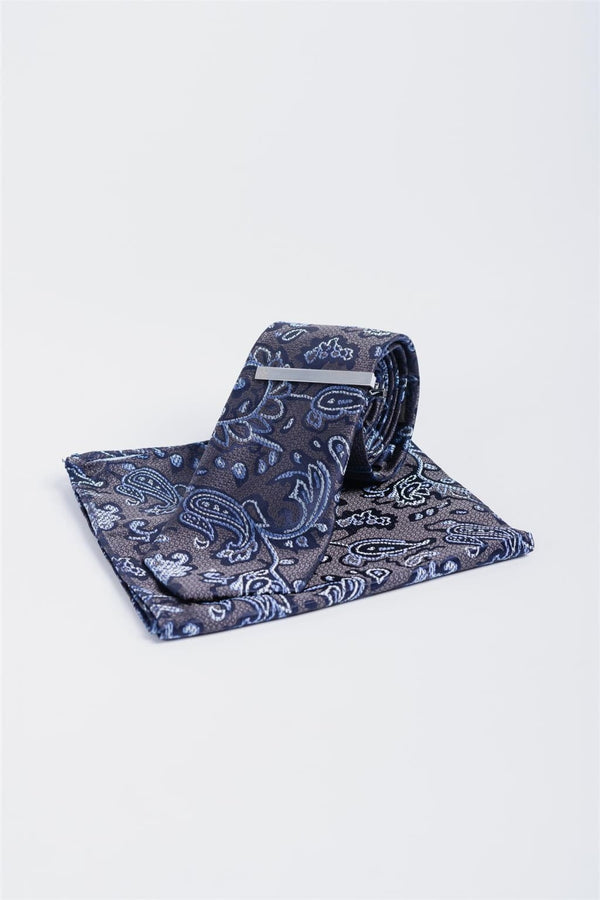 Cavani Navy Paisley CV812 Tie And Hank Set - tie