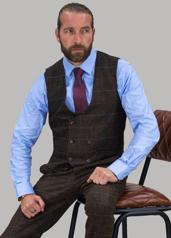 Cavani Tommy Brown Check Tweed Waistcoat - 36 - Suit & Tailoring