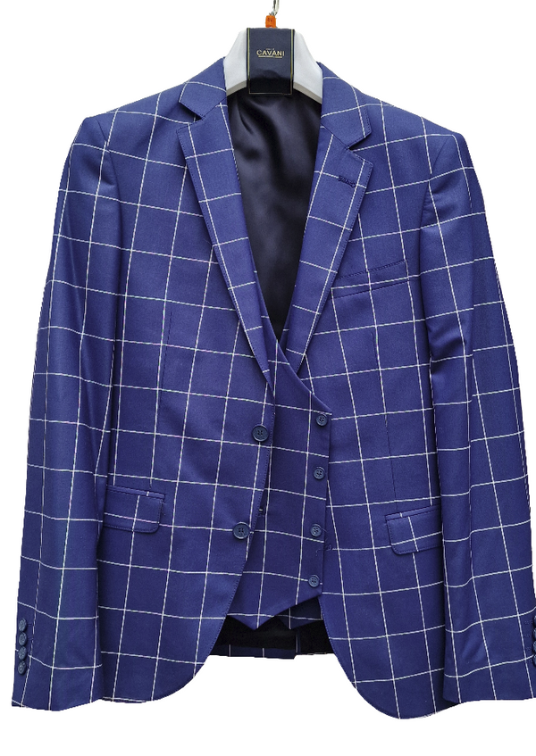 Men’s Blue Check 3-Piece Suit Size 38R with 32R Trousers - Suits