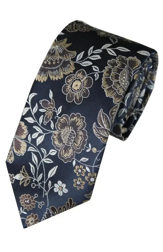 LA Smith Floral Woven Wedding Poly Ties - Beige/Navy - Accessories