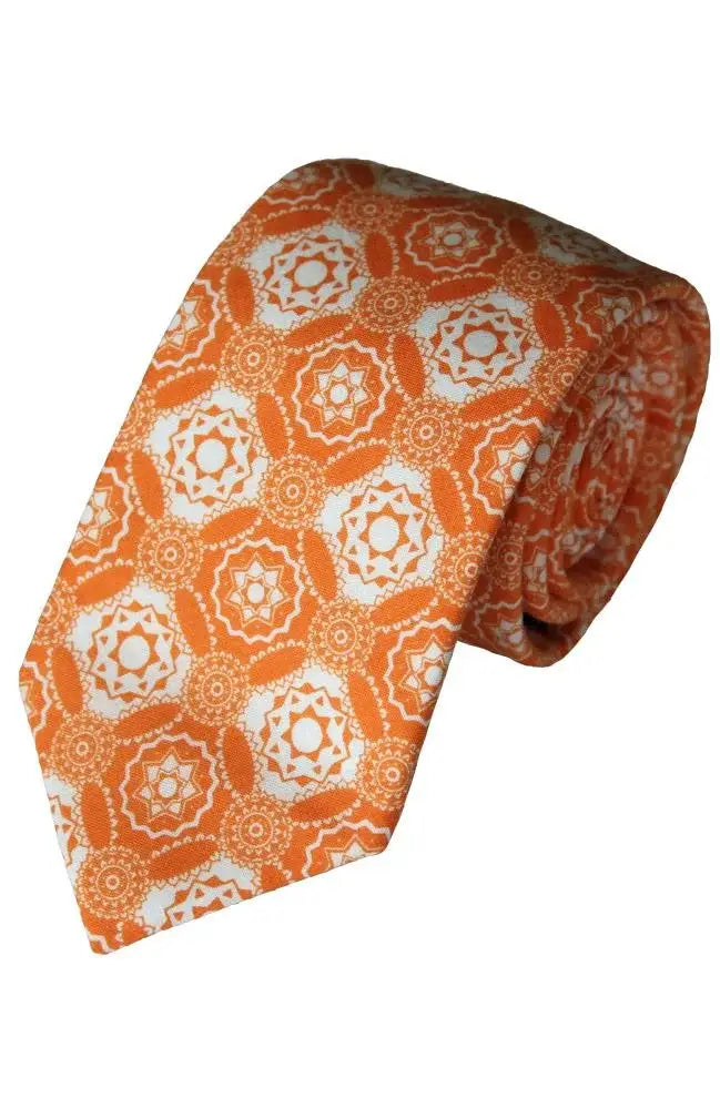 L A Smith Orange Medallion Printed Cotton Tie - Accessories