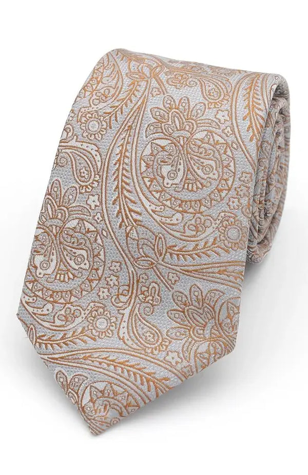 LA Smith Paisley Lace Woven Wedding Poly Ties - Copper / Grey - Accessories