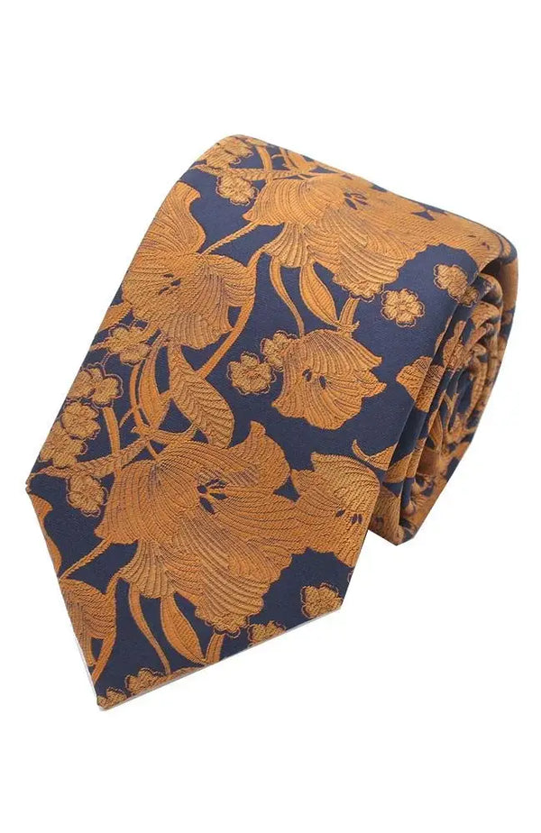 LA Smith Structured Floral Woven Wedding Poly Ties - Warm Spice On Navy - Accessories