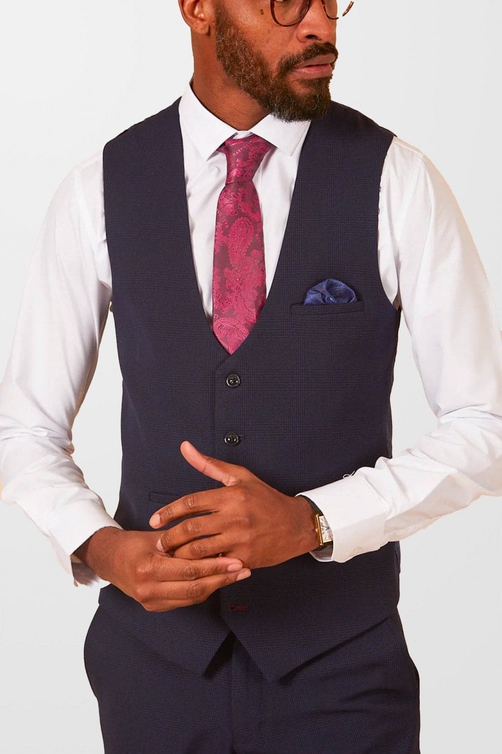 Marc Darcy Marc Darcy Bromley Navy Single Breasted Check Waistcoat Menswearr