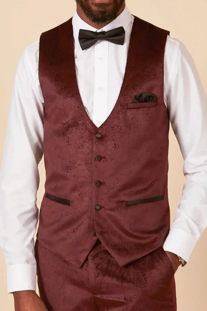 Simon Velvet Blue Paisley Tuxedo Waistcoat - Wine / 34R - Waistcoats