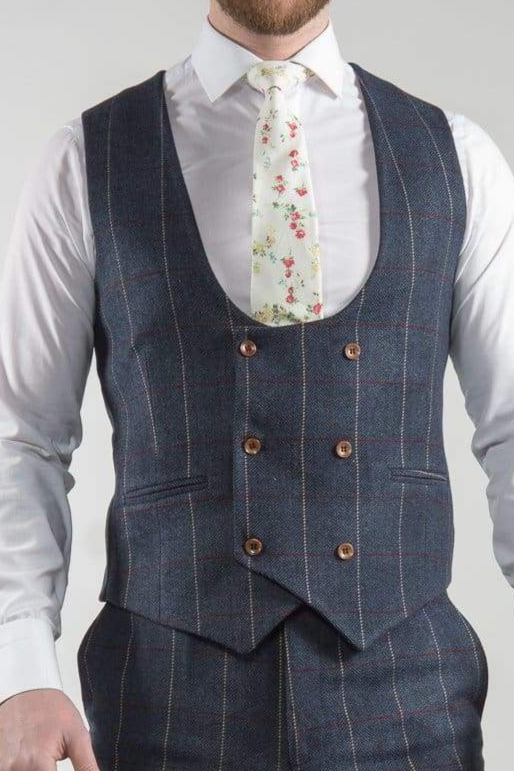 Marco Prince Keaton Men’s Tweed Navy Double Breasted Waistcoat - Blue / 36 - Waistcoats