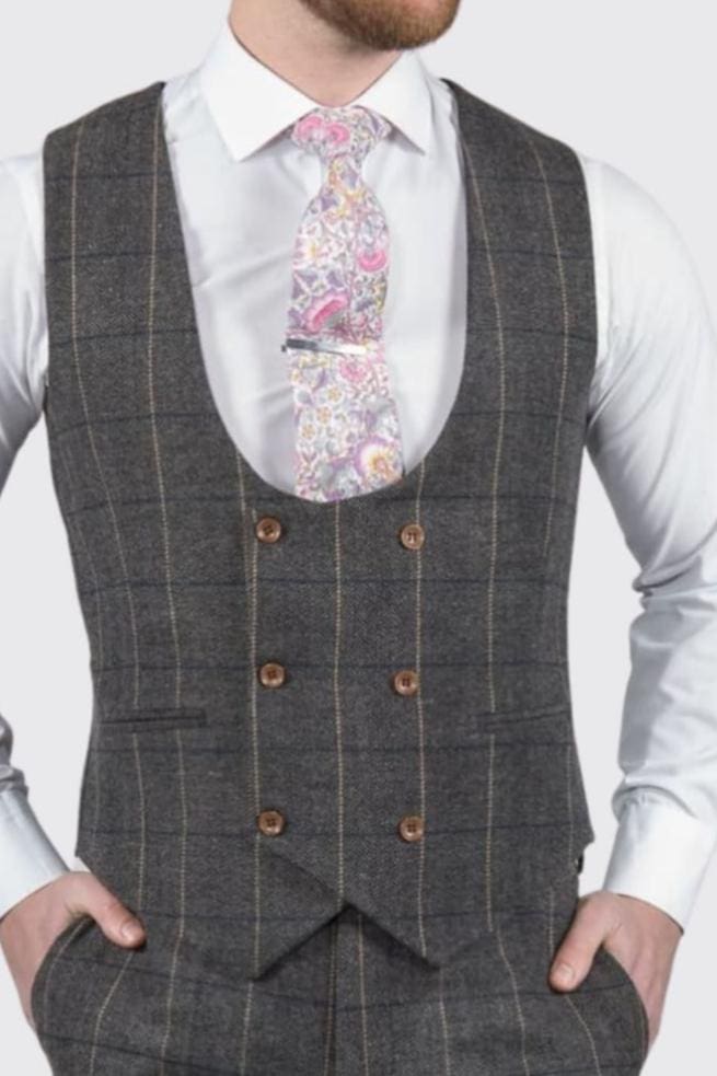 Ezra Men’s Grey Herringbone Slim Fit Tweed Waistcoat - 36 - Waistcoats