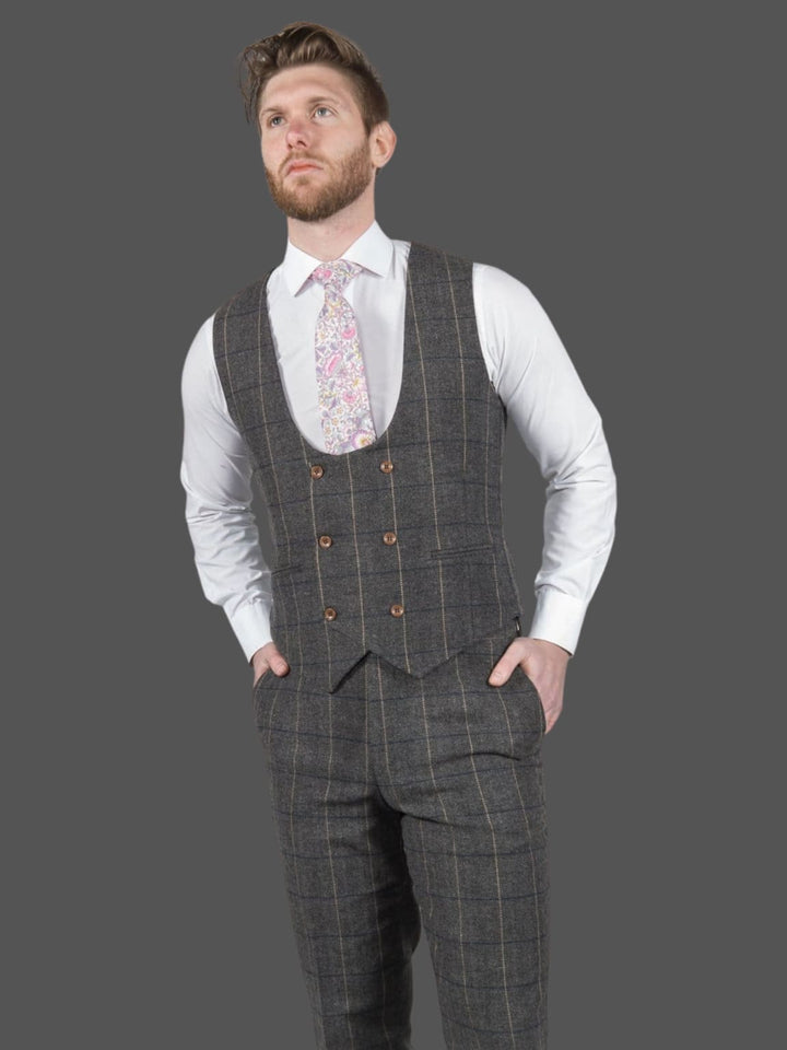 Ezra Men’s Grey Herringbone Slim Fit Tweed Waistcoat - Waistcoats