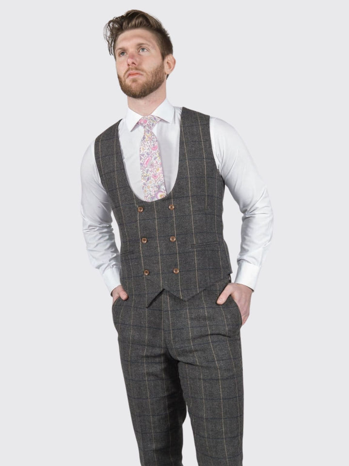 Ezra Men’s Grey Herringbone Slim Fit Tweed Waistcoat - Waistcoats