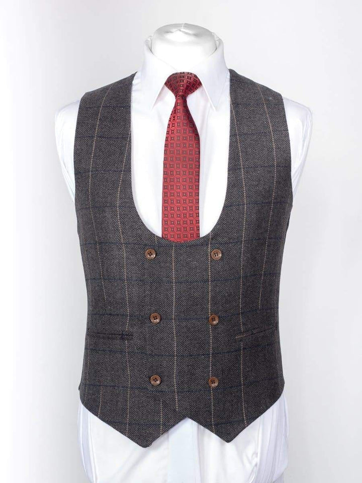 Mens Tweed Waistcoat Marco Prince Ezra Grey Tweed Check Double Breasted - Suit & Tailoring