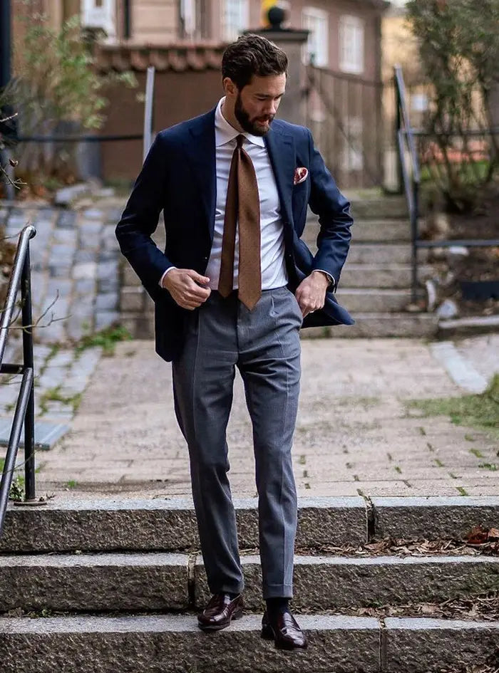 Blue trousers and grey blazer hotsell