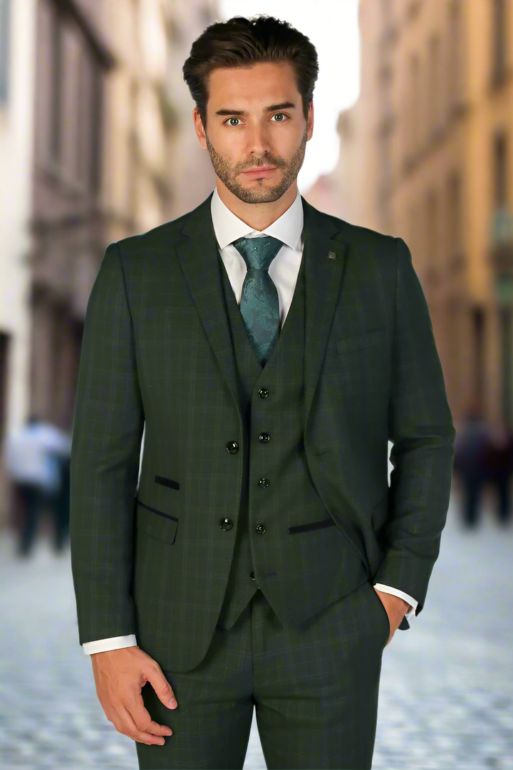 Paul Andrew Leo Men’s 3 Piece Check Suit - Beige or Green - Green / 34 / 28 - Suits