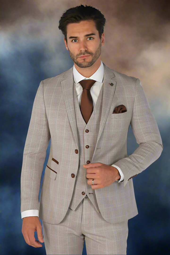 Paul Andrew Leo Men’s 3 Piece Check Suit - Beige or Green - Beige / 34 / 28 - Suits