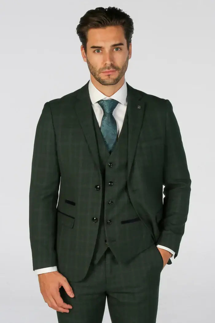 Paul Andrew Leo Men’s 3 Piece Check Suit - Beige or Green - Suits