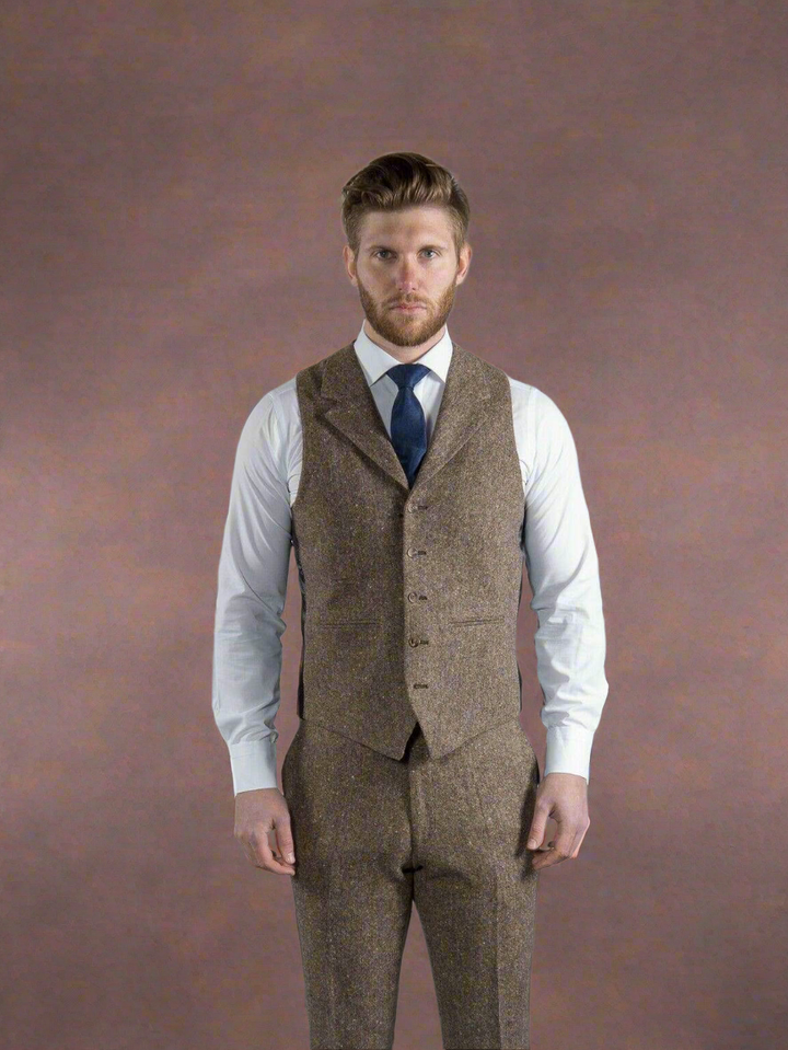 Torre Elton Tweed Men’s Brown 100% Donegal Wool Tweed Waistcoat - Waistcoats