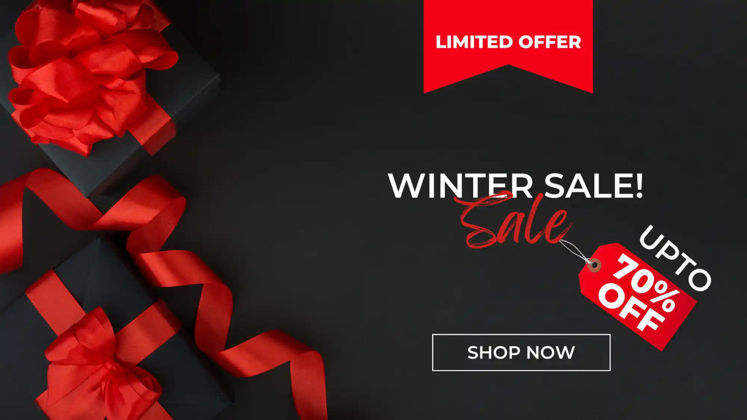 Winter sale promotional banner with red ribbon decorations and up to 70% off offer.