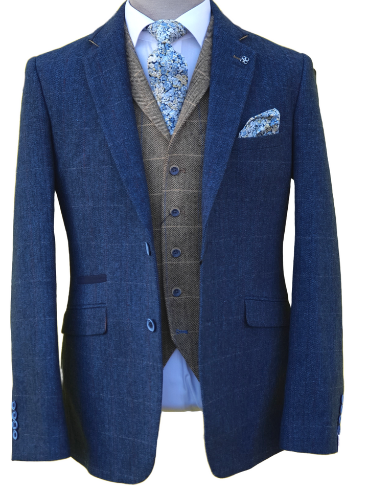 Blue Tweed Suit Three Piece Check Cavani Carnegi - Suit & Tailoring