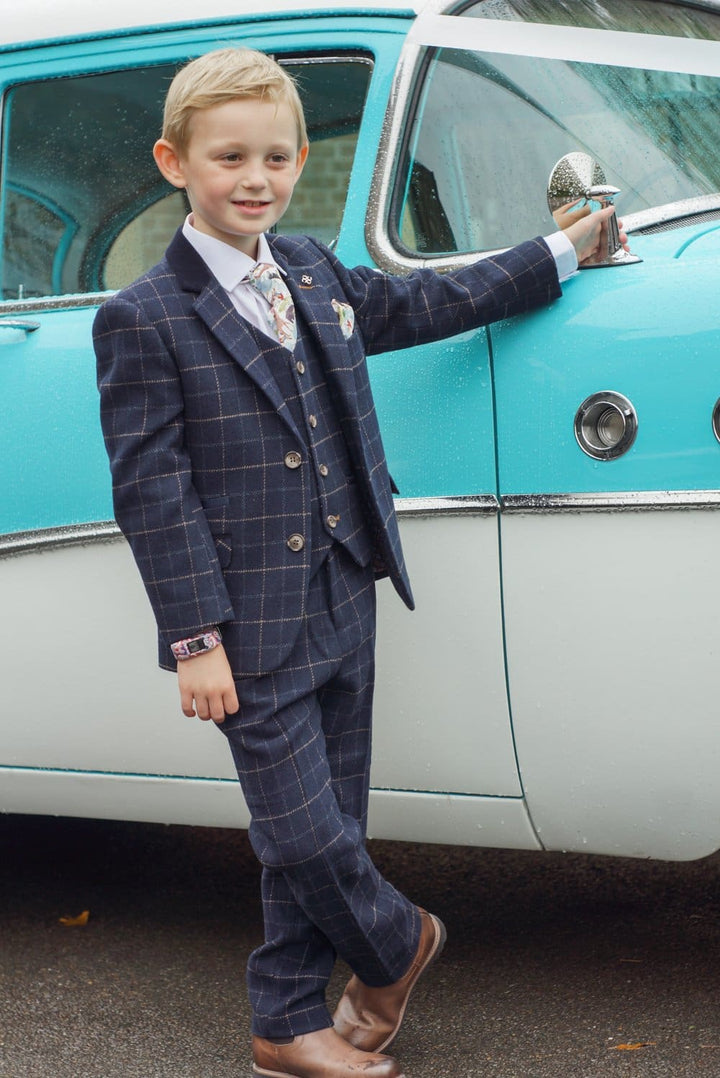 Boys Shelby 3 Piece Navy Slim Fit Check Tweed Suit - 1 YEAR - Suit & Tailoring