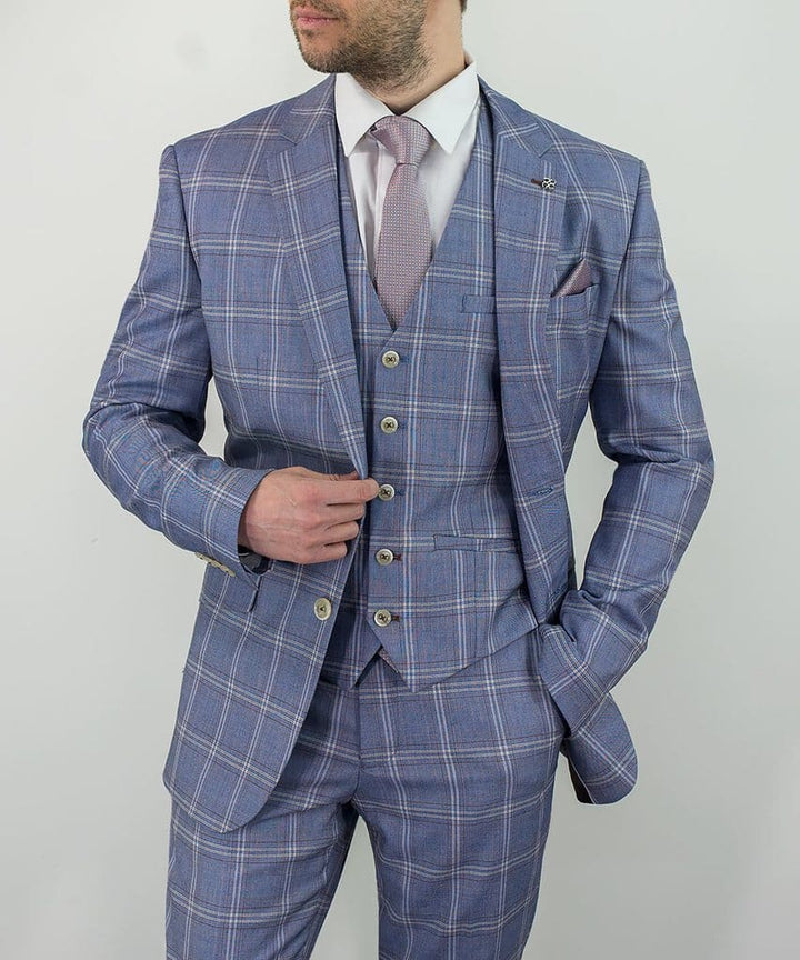 Cavani Galante Mens Blue Check Slim Fit Suit - Suit & Tailoring