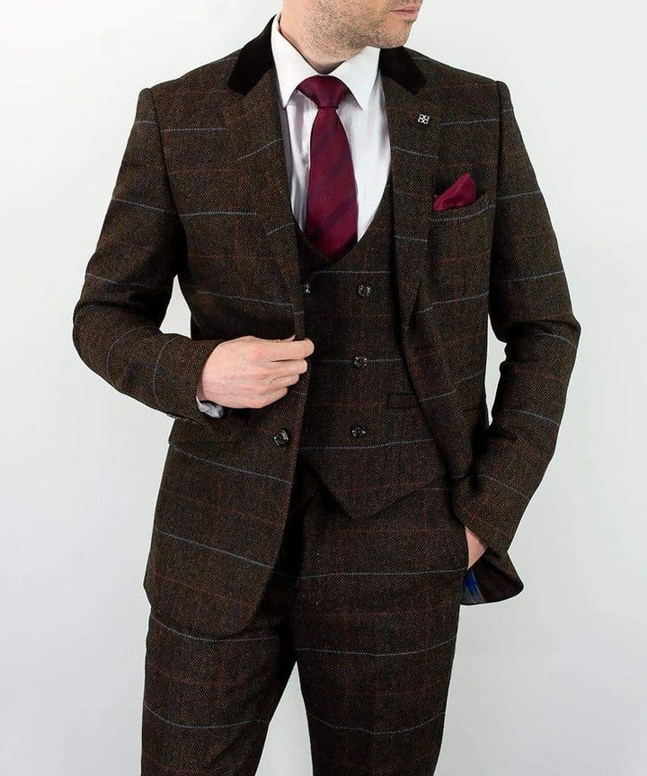 Tweed Brown Suit Tommy Mens 3 Piece Slim Fit Check by House of Cavani - 36R / 30R - Suit & Tailoring