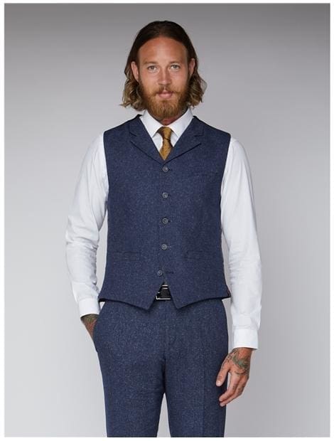 Gibson Blue Tweed Slim Fit Waistcoat - Suit & Tailoring