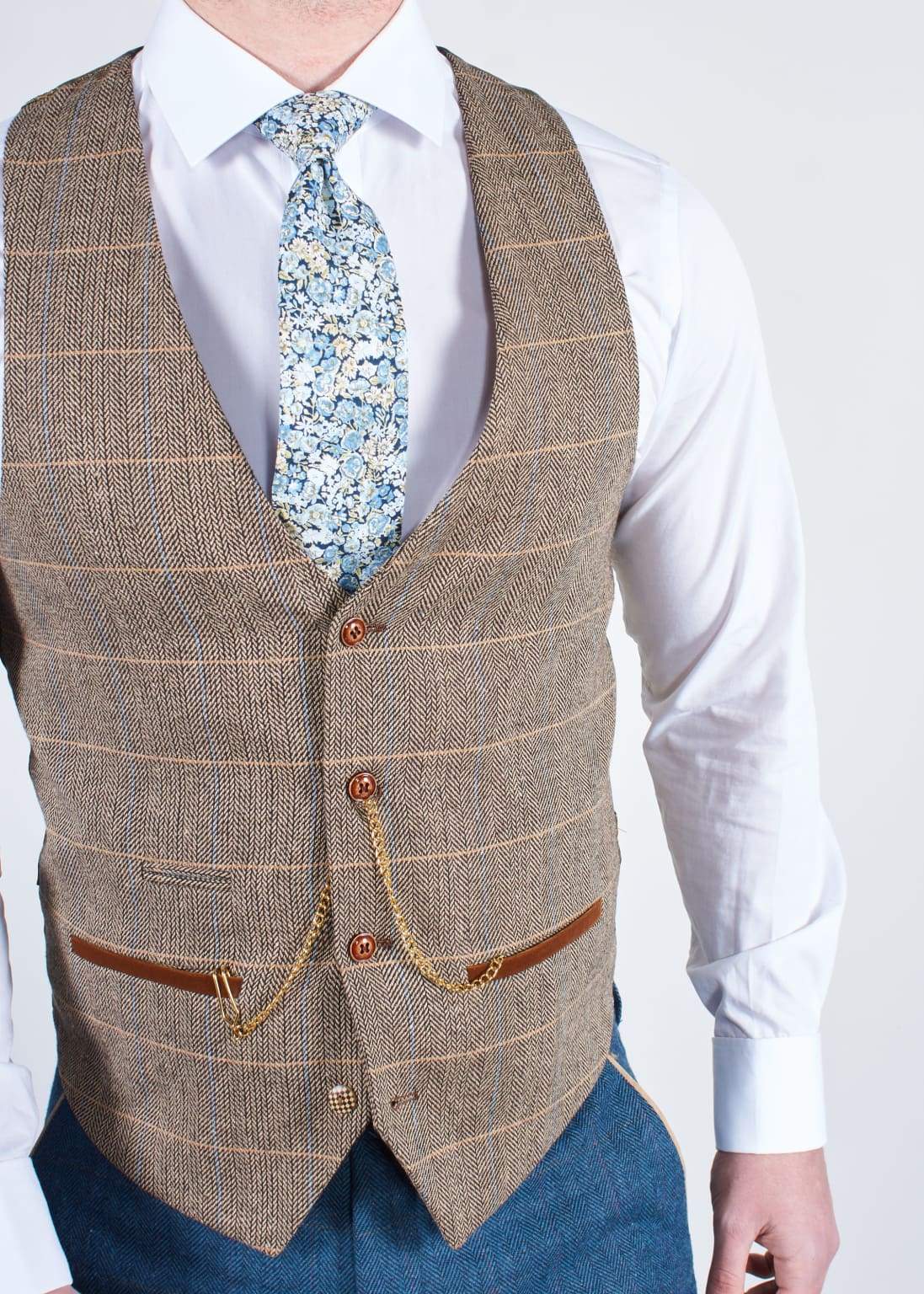 Marc Darcy | Dion Blue Tweed Wedding Suit 3 Piece With Brown Waistcoat ...