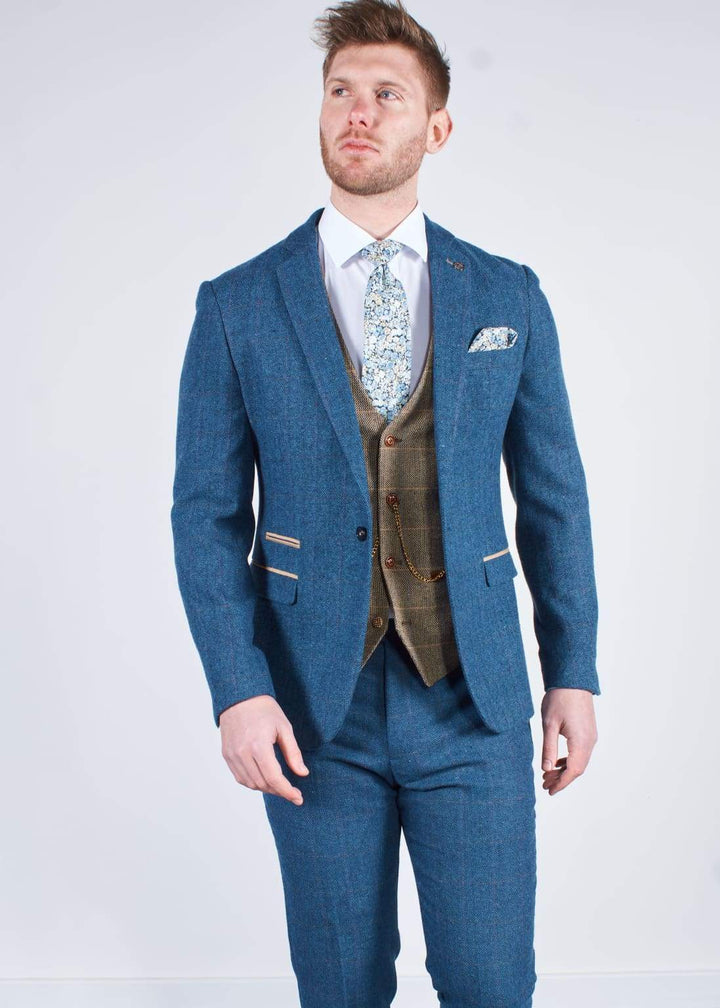 Marc Darcy | Dion Blue Tweed Wedding Suit 3 Piece with Brown Waistcoat ...