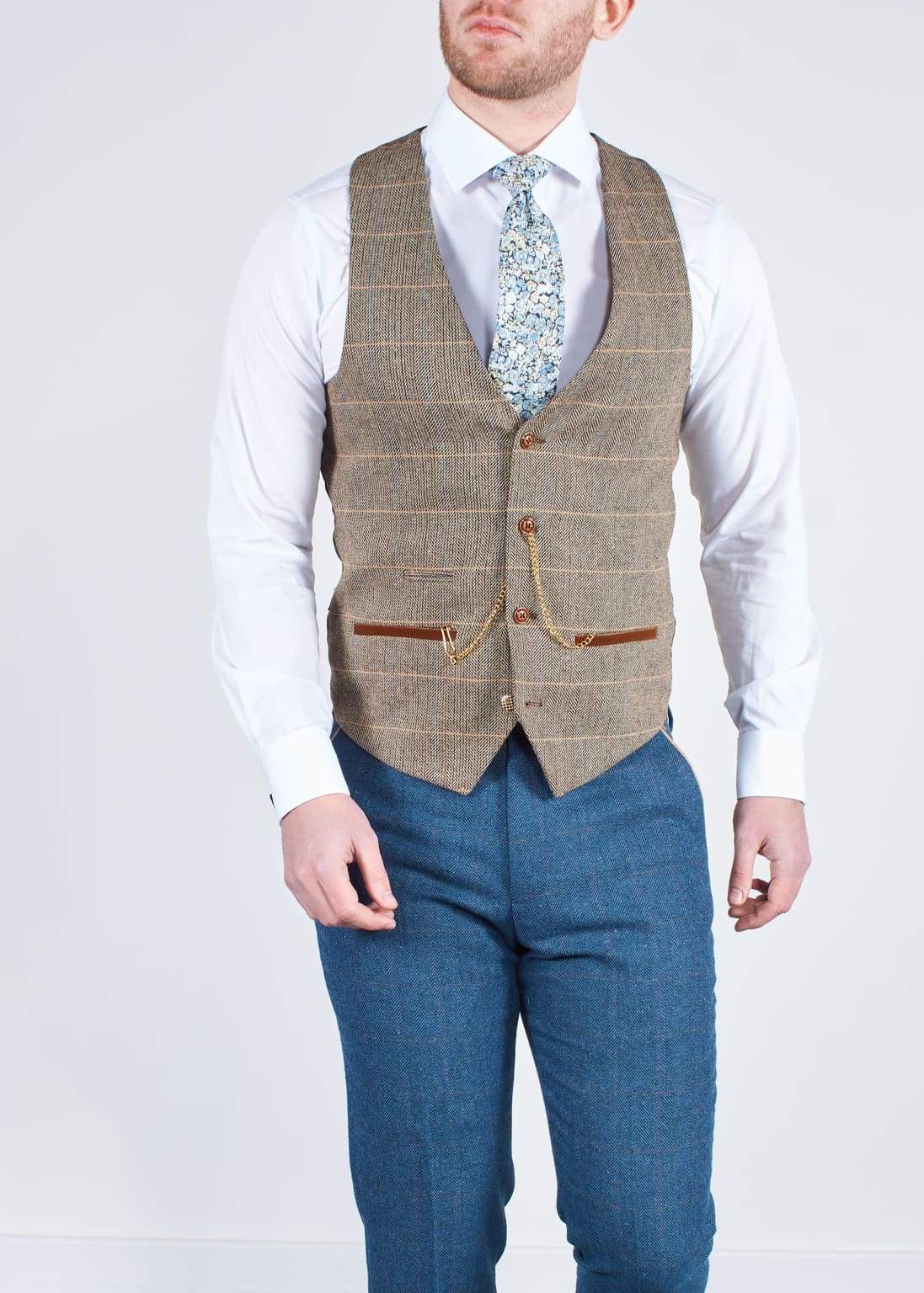 Marc Darcy | Dion Blue Tweed Wedding Suit 3 Piece With Brown Waistcoat ...