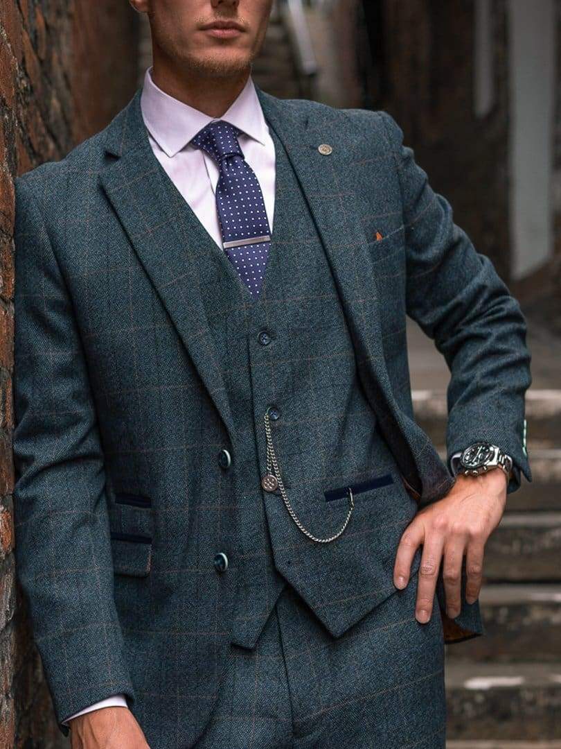 Marc Darcy | Marc Darcy Scott Blue Check Three Piece Suit - MENSWEARR