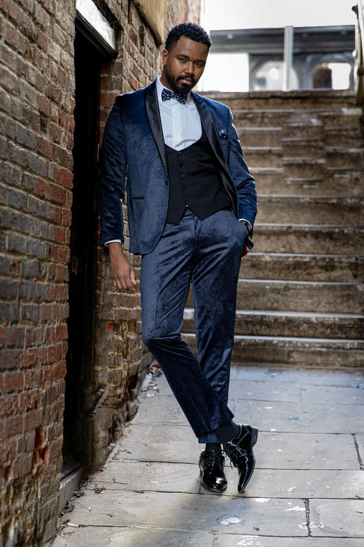 Marc Darcy  Simon Velvet Navy Blue Paisley Tuxedo Trousers - MENSWEARR