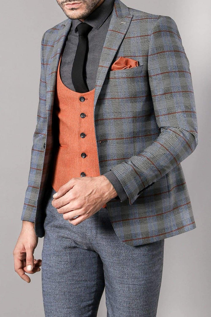 Andrew Mens 3 Piece Blue Orange Tweed Check Style Slim Fit Suit - 36R - Suit & Tailoring