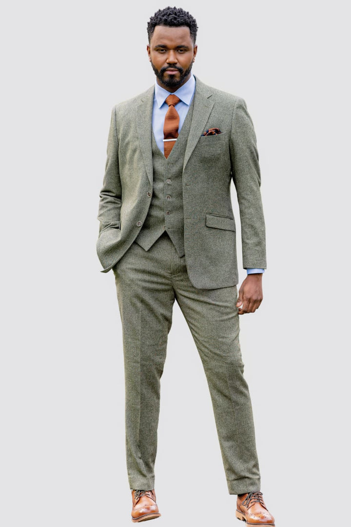 Skopes | Skopes Jude 3 Piece Sage Green Tweed Wedding Suit - MENSWEARR