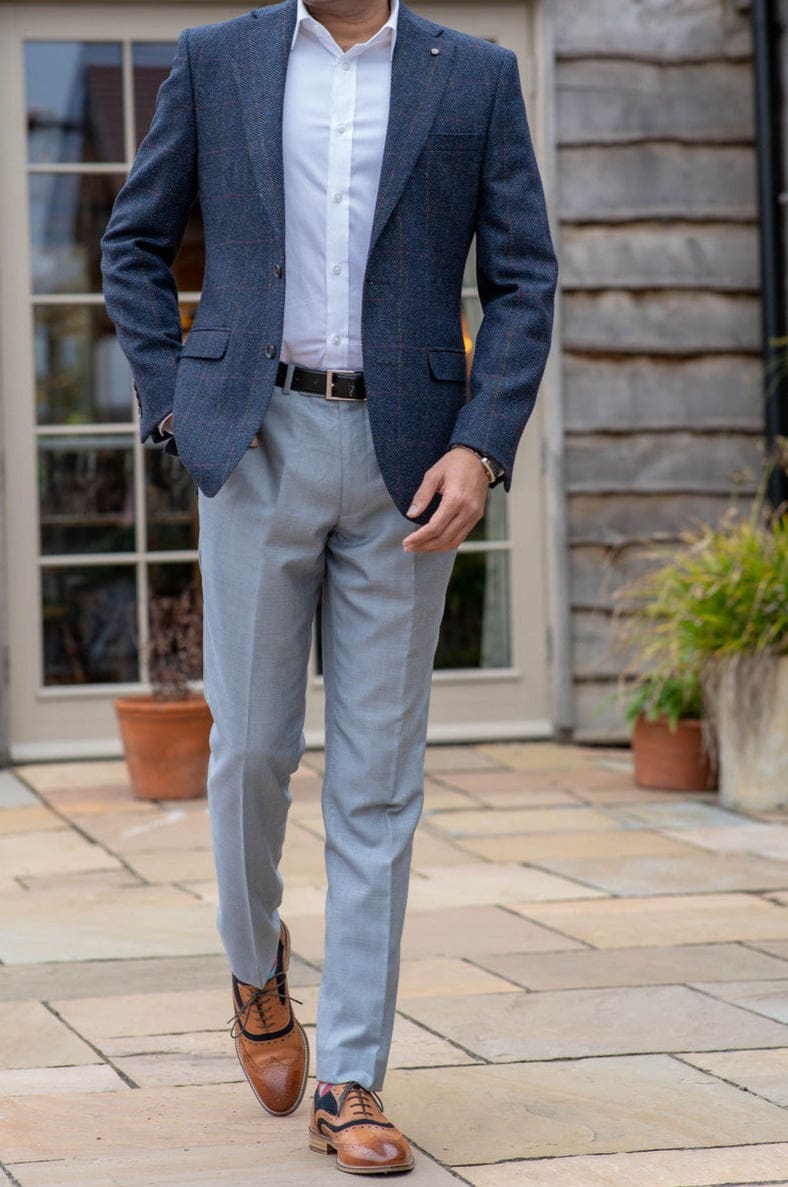 Navy Silk Jacket  Light Grey Trouser for Men  Tailored  Made to Measure   Oscar Hunt