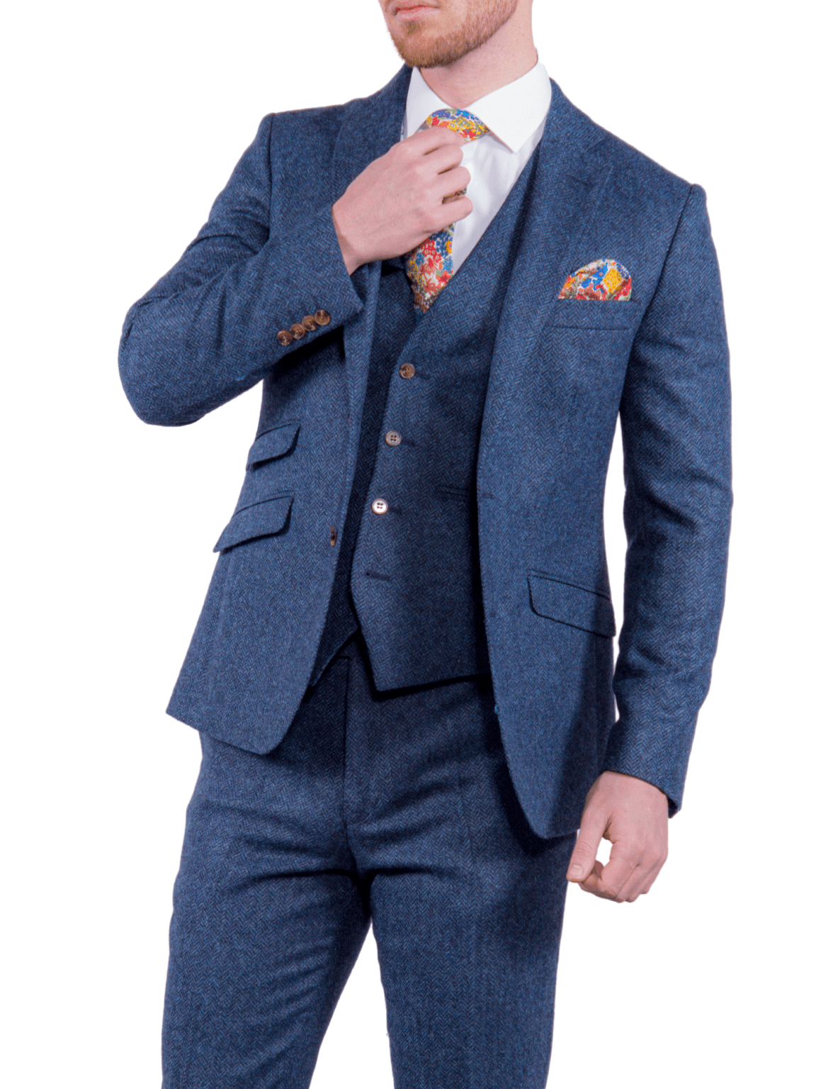 Torre Torre Devon Mens Blue British Wool Herringbone 3 Piece Tweed Suit Menswearr 8400